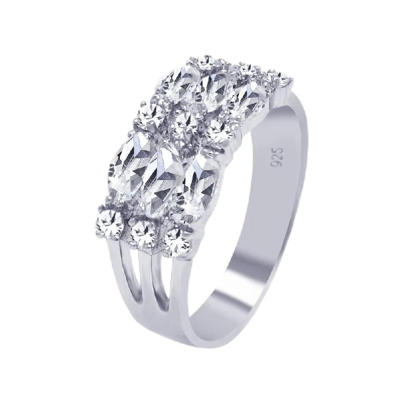 Silver 925 Rhodium Plated Round Marquise CZ 3 Row Ring - AAR0018