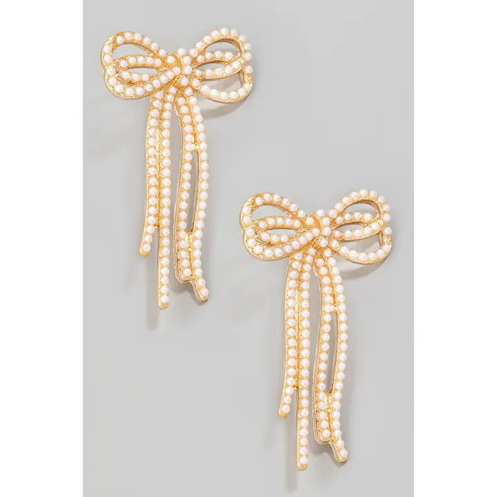 Pearl Pave Long Ribbon Bow Stud Earrings