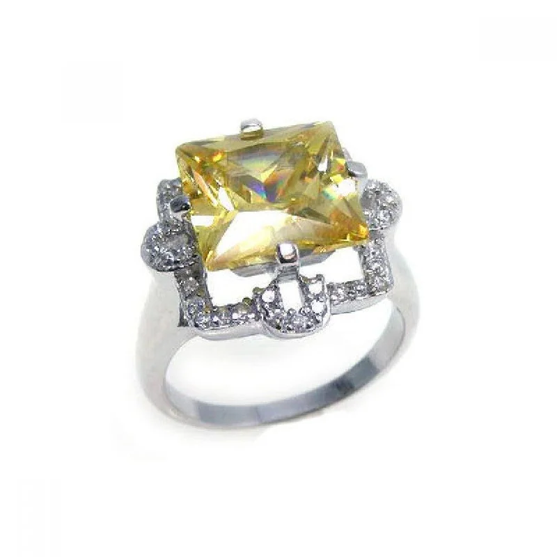 Silver 925 Rhodium Plated Yellow Princess Cut Center and Clear CZ Ring - STR00539