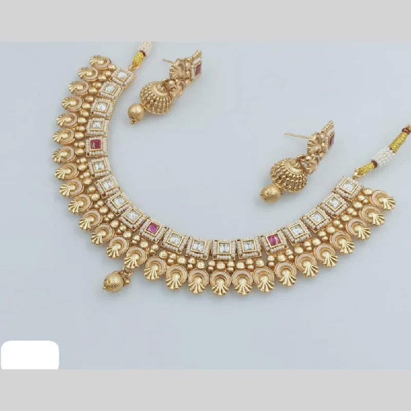 Rani Sati Jewels Gold Plated Pota Stone And Pearl Necklace Set