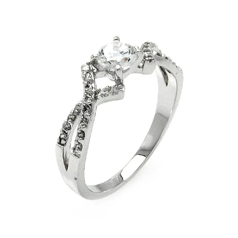 Silver 925 Rhodium Plated Clear Round Center CZ Overlap Ring - BGR00473