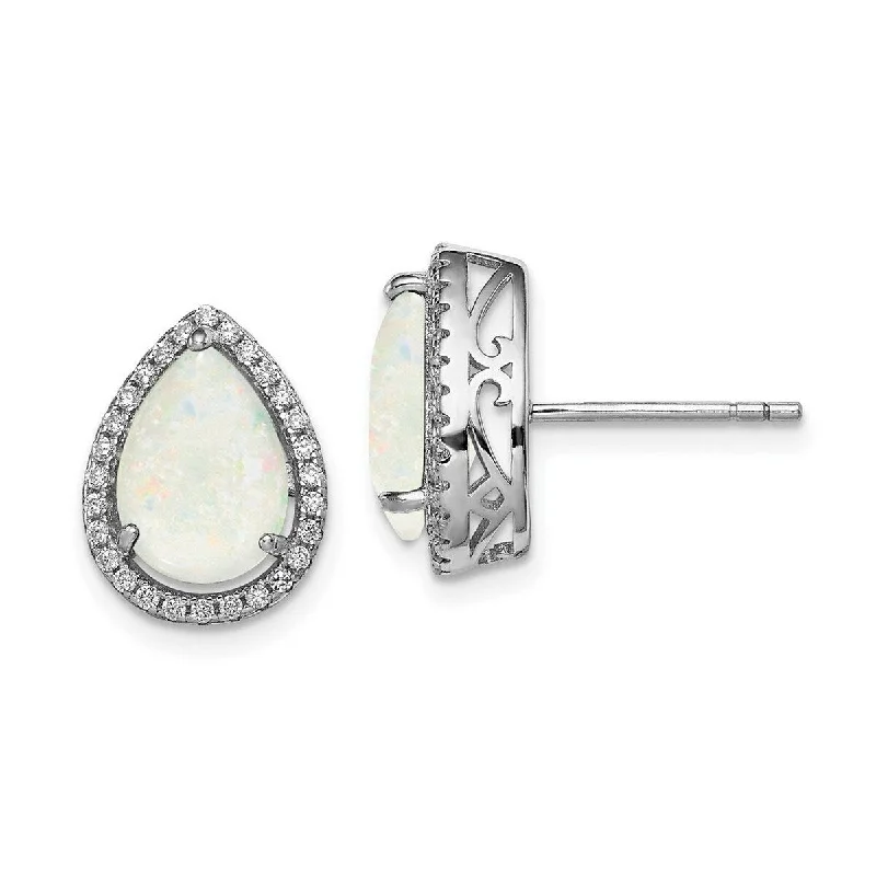 Curata 925 Sterling Silver Polished Polihsed Simulated Opal and Cubic Zirconia Post Earrings - 14x11mm Wide