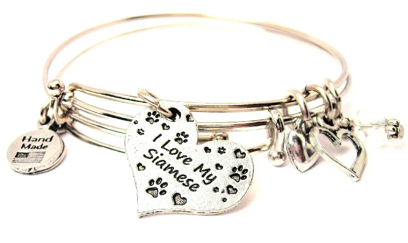 I Love My Siamese Heart Expandable Bangle Bracelet Set