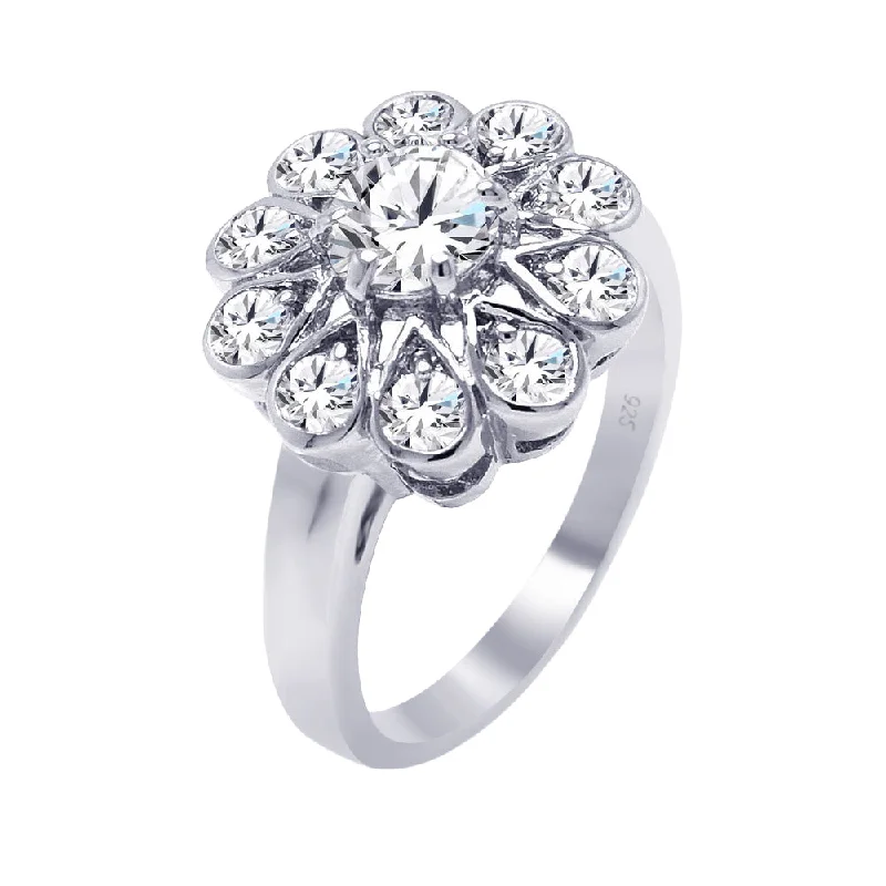 Silver 925 Rhodium Plated Round Center CZ Flower Ring - BGR00265