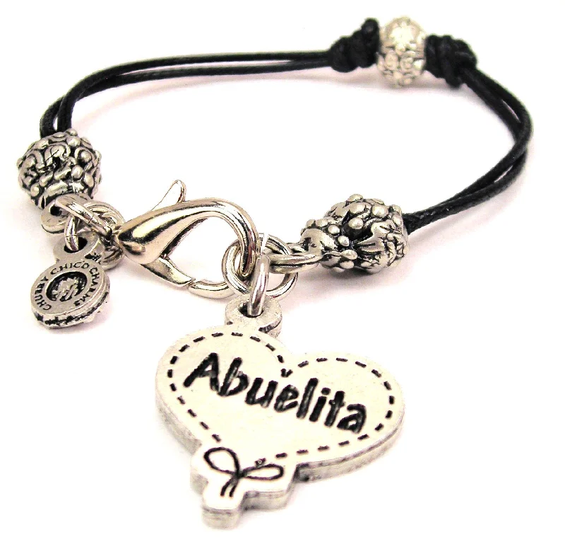 Abuelita Quilted Heart Beaded Black Cord Braceletet