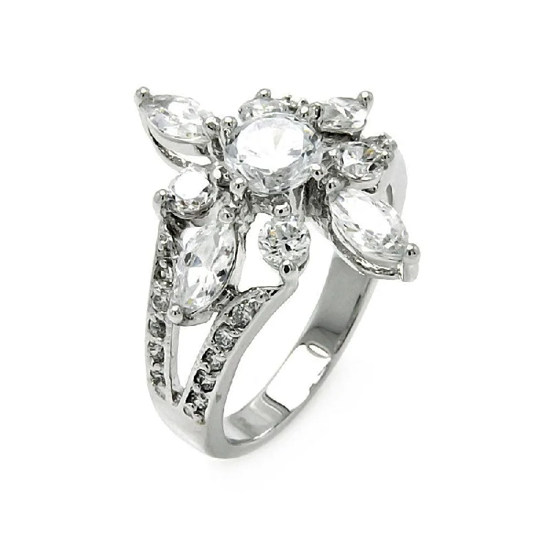 Silver 925 Rhodium Plated Clear Round and Marquise CZ Flower Ring - BGR00506