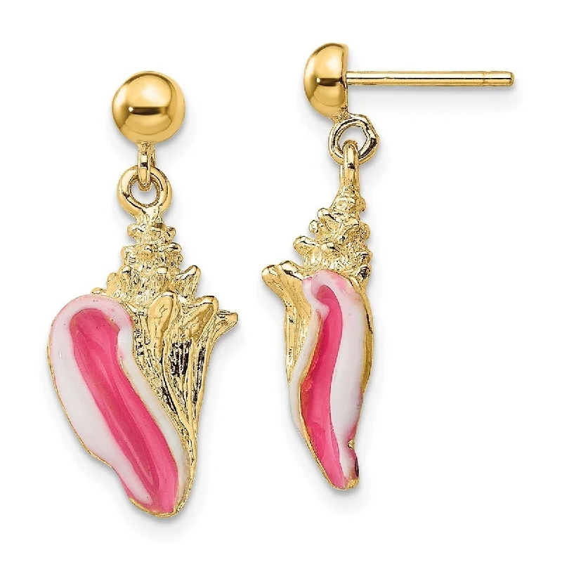 Curata 14k Yellow Gold Enamel Conch Shell Long Drop Dangle Earrings Pink and White