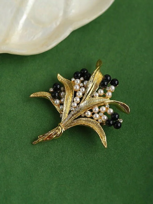 Vintage Pastoral Wheat Ear Black Oynx Pearl Brooch