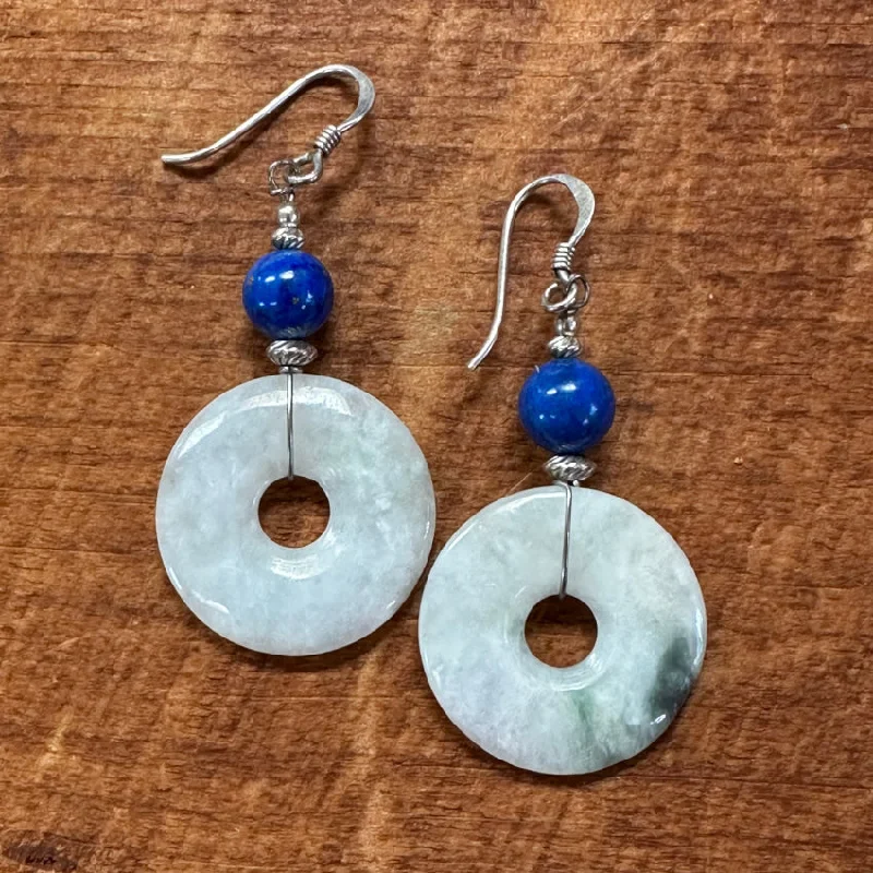 Vintage Sterling Silver Lapis & Jade Pierced Earrings