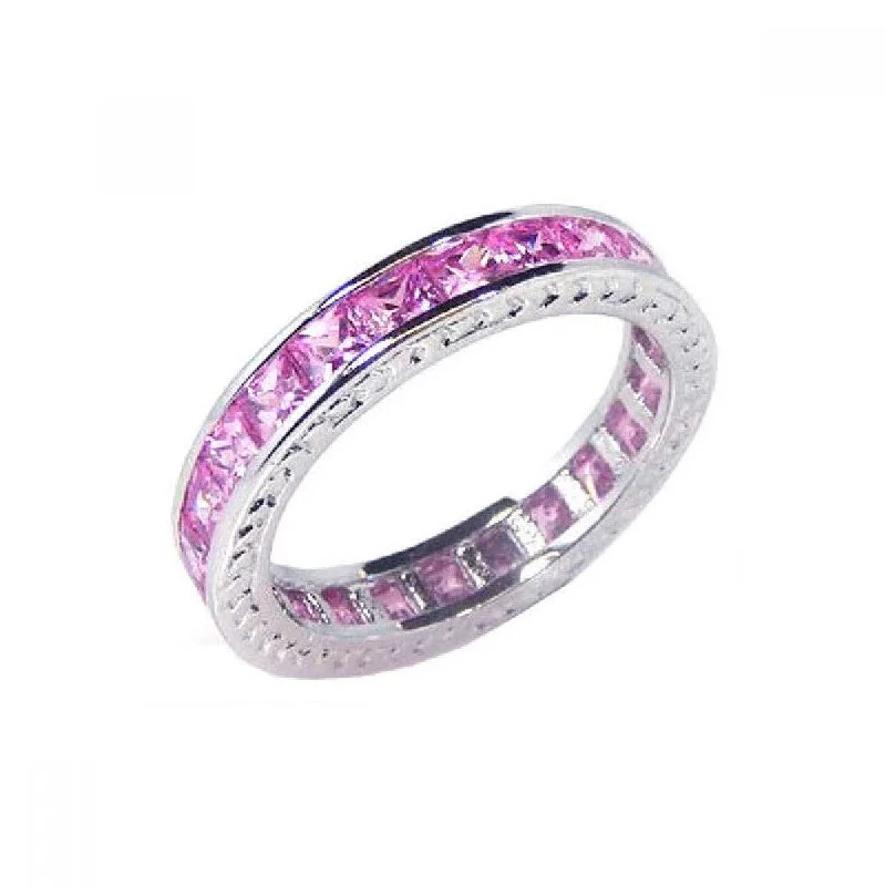 Silver 925 Rhodium Plated Channel Set Pink Square CZ Eternity Ring - BGR00056