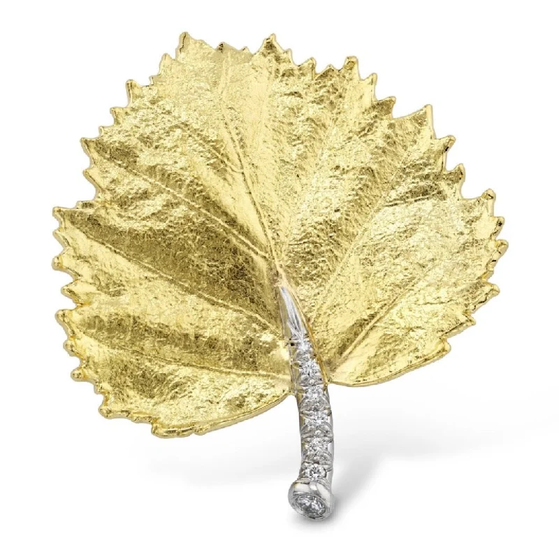 Gold Poplar Leaf & Diamond Brooch