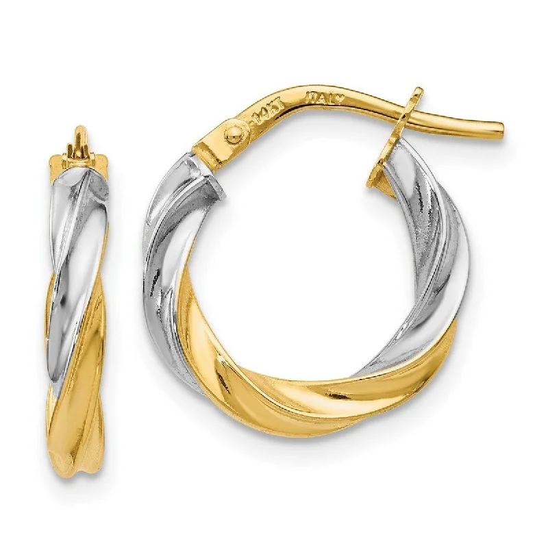 Curata 14k Yellow Gold With Rhodium 17x2.5mm Twisted Textured Hoop Earrings