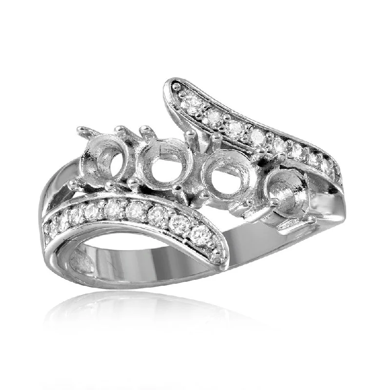 Silver 925 Rhodium Plated 3 Row CZ with 4 Round Mounting Ring - BGR00495