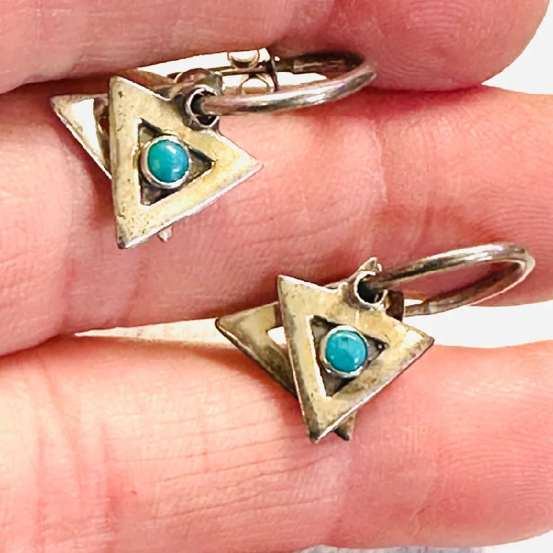 Vintage Sterling Silver Pierced Post Hoop Earrings Triangle Drops Turquoise