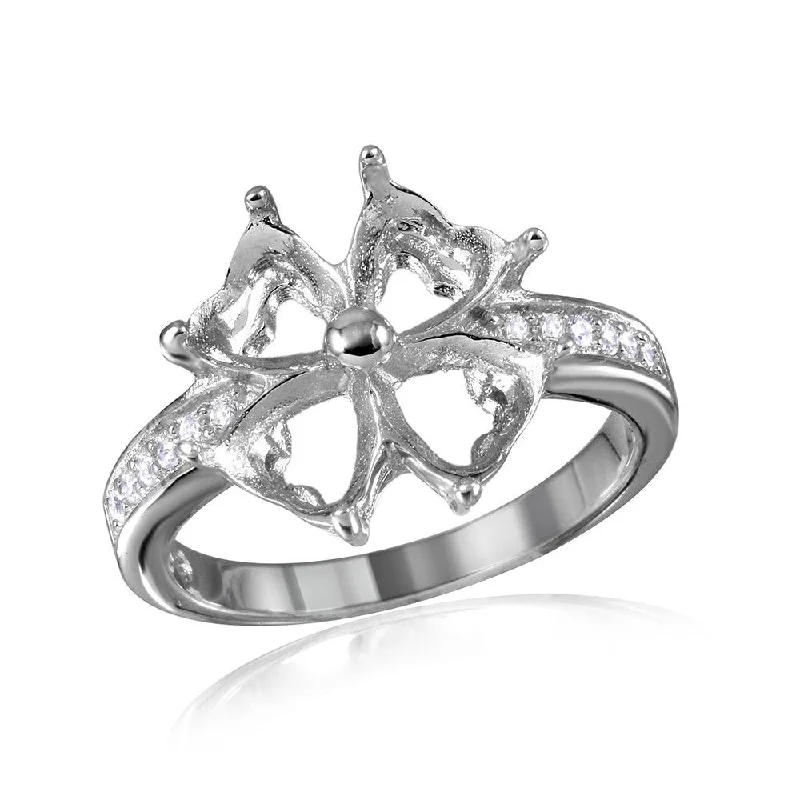 Silver 925 Rhodium Plated Flower Hearts Mounting Ring - BGR00714