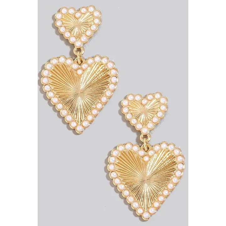 Pearl Beaded Ridged Heart Dangle Earrings