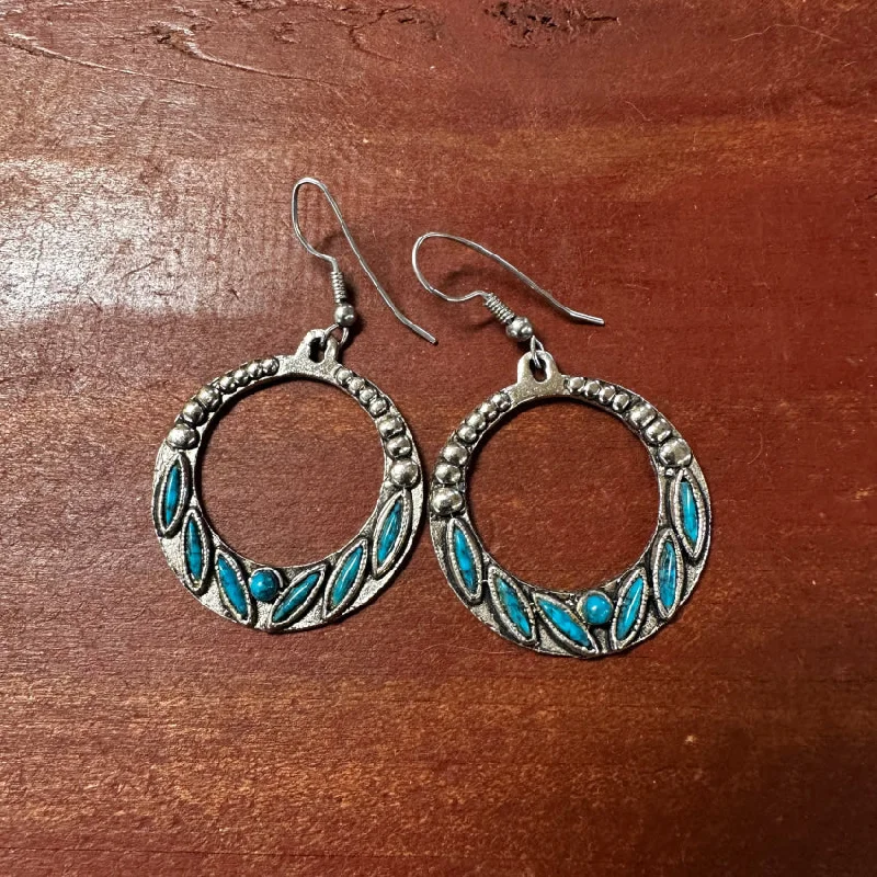 Vintage Costume Grade Silver Tone Needlepoint Faux Turquoise Pierced Hoop Earrings