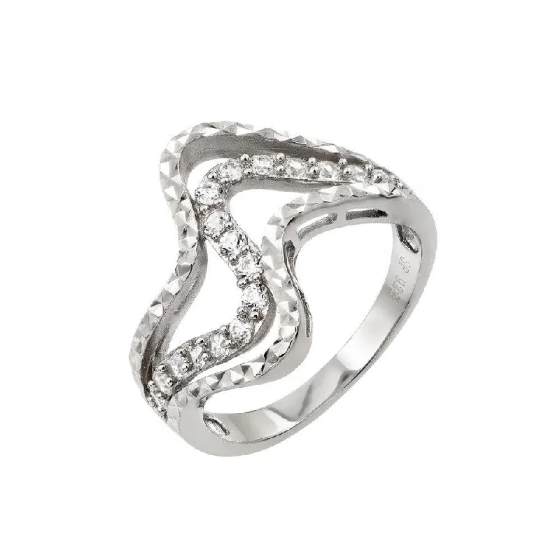 Silver 925 Rhodium Plated Clear CZ Inlay Wave Ring - STR00965