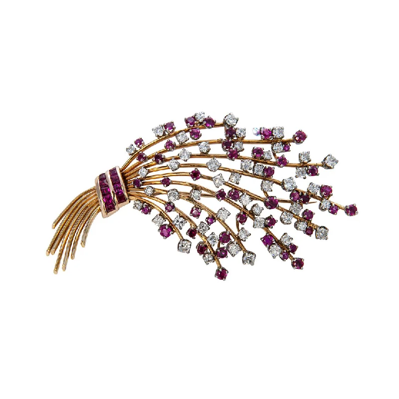 Estate Diamond & Ruby 14K Gold Spray Brooch