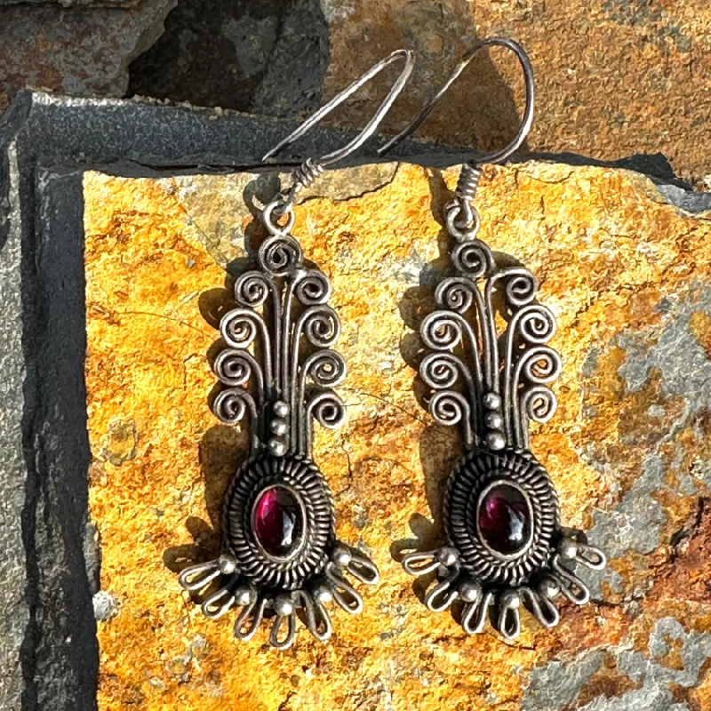 Sterling Silver Boho Style Garnet Pierced Earrings