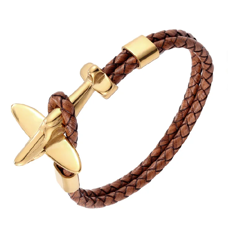 Agoura Hills Leather Rope Chain Airplane Bracelet, Tan / Gold