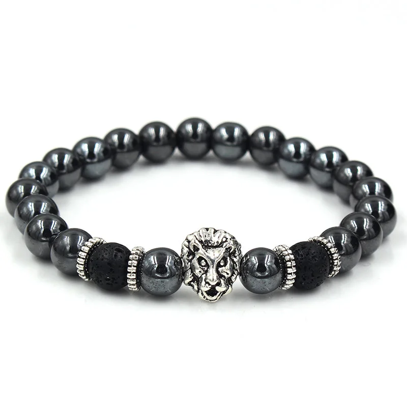 Manteca Silver Lion Black Hermatite Beaded Bracelet