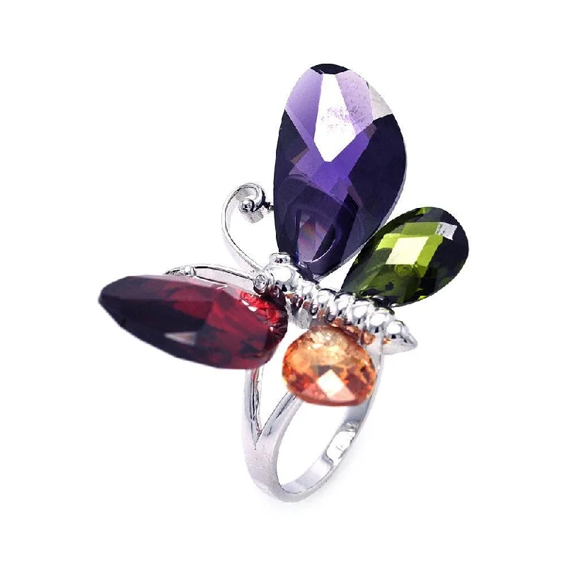 Clearance-Silver 925 Rhodium Plated Multi Colored CZ Butterfly Ring - STR00822