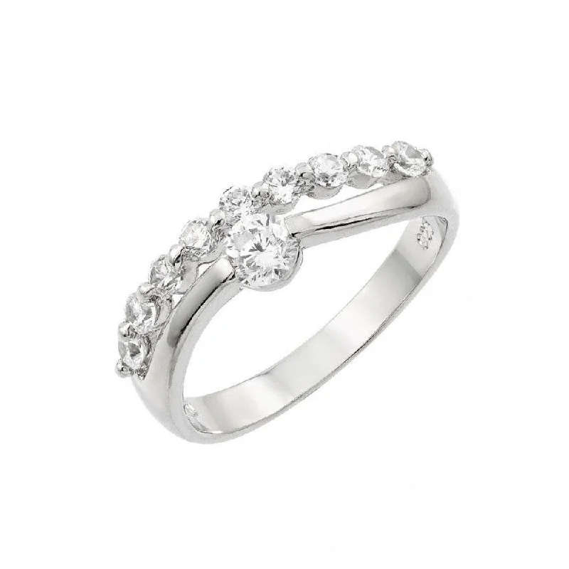 Silver 925 Rhodium Plated Round Clear CZ 2 Row Ring - BGR00876