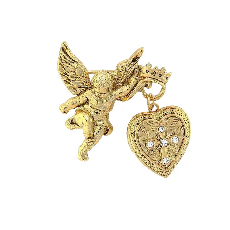 Symbols Of Faith Winged Angel Crystal Cross Heart Locket Brooch