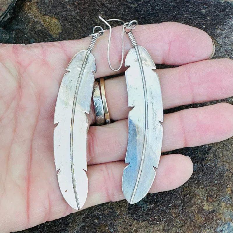 Sterling Silver 4" Shoulder Duster Feather Earrings Navajo Nakai