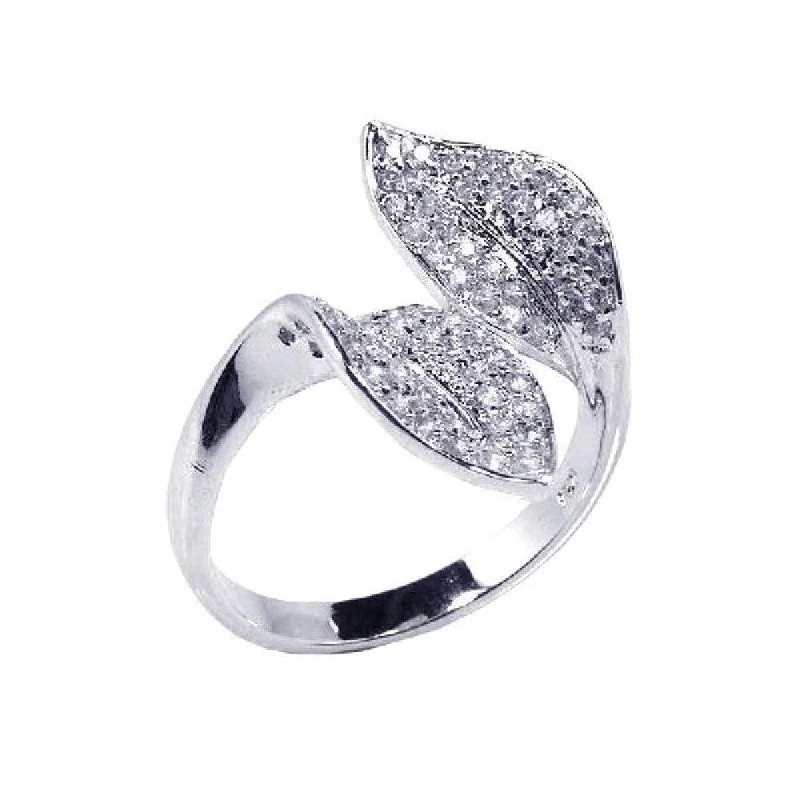 Silver 925 Rhodium Plated CZ Double Leaf Ring - STR00356