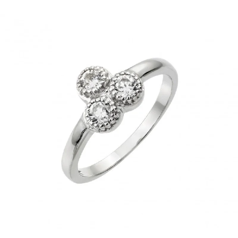 Silver 925 Rhodium Plated Three Round Clear CZ Ring - STR01009