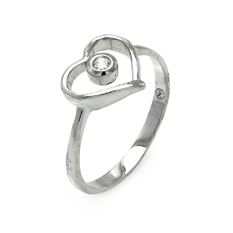 Silver 925 Rhodium Plated Small Round CZ Open Heart Ring - STR00901