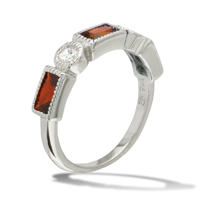 Rhodium Plated 925 Sterling Silver Alternating Red Rectangle and Clear Round CZ Ring - BGR01111RED