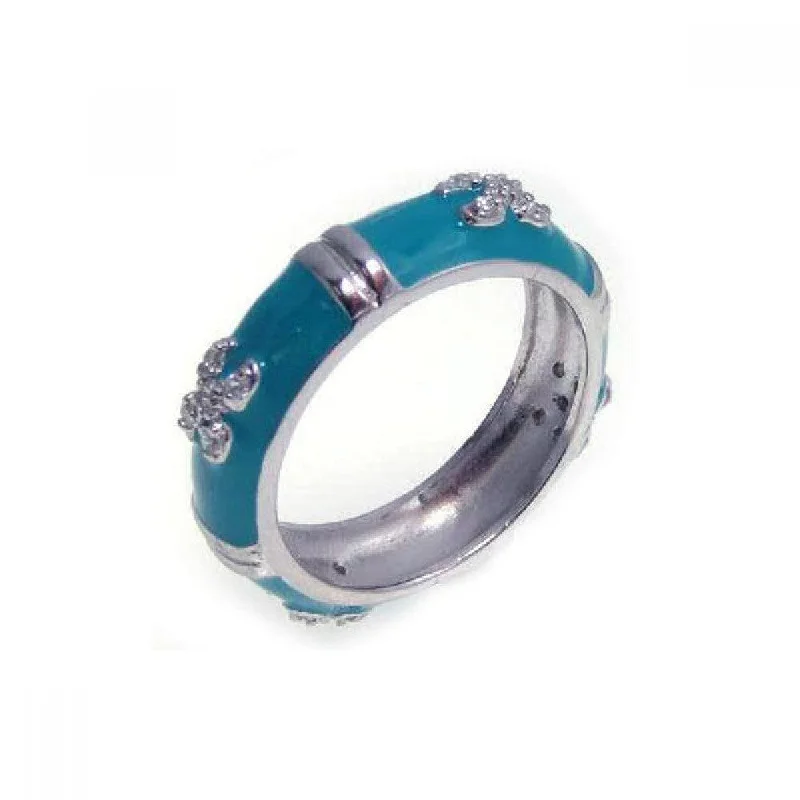 Silver 925 Rhodium Plated Aqua Enamel CZ Eternity Ring - STR00541