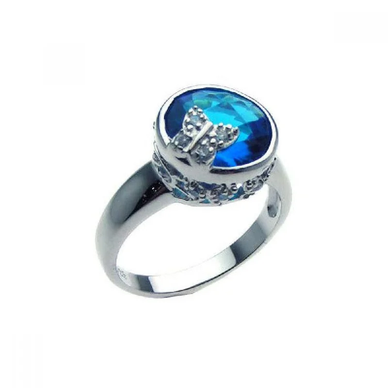 Silver 925 Rhodium Plated Blue Center CZ Butterfly Ring - STR00609