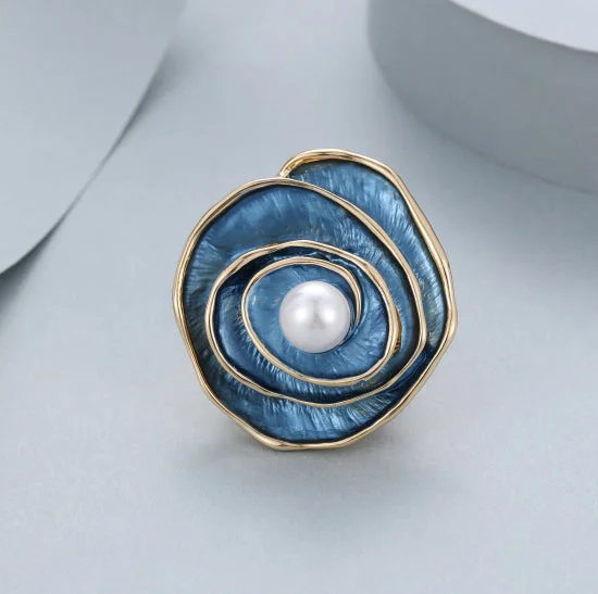 Gold Plated Magnetic Brooch | Elegant Blue Flower Design with Pearl