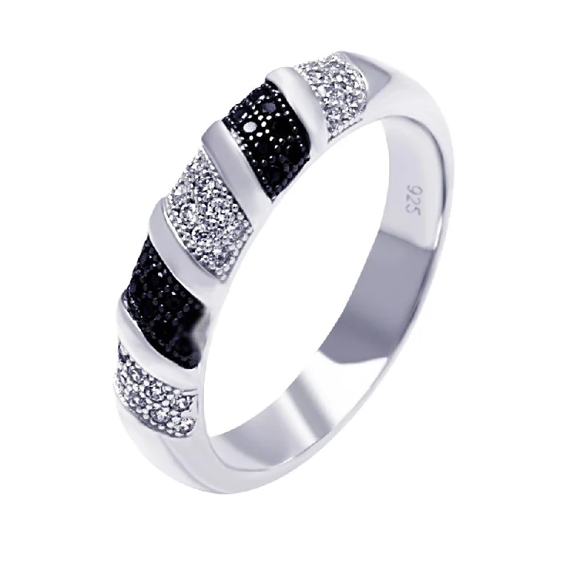 Silver 925 Rhodium and Black Rhodium Plated Black and Clear Micro Pave CZ Stripe Ring - ACR00055