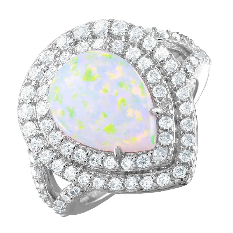 Silver 925 Rhodium Plated Opal Teardrop Halo CZ Ring - BGR00995