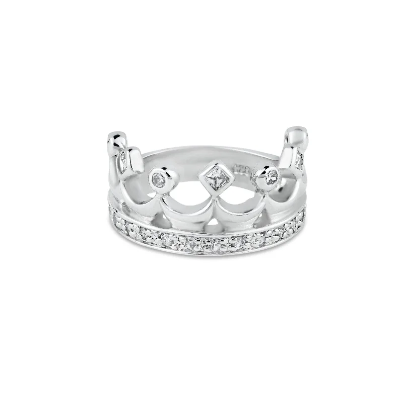 Silver 925 Rhodium Plated Clear CZ Crown Ring - BGR00002