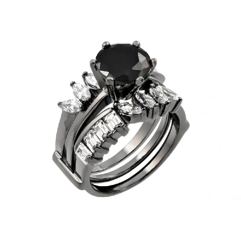 Silver 925 Black Rhodium Plated Black Center Clear Baguette Marquise CZ Ring - STR00757BLK