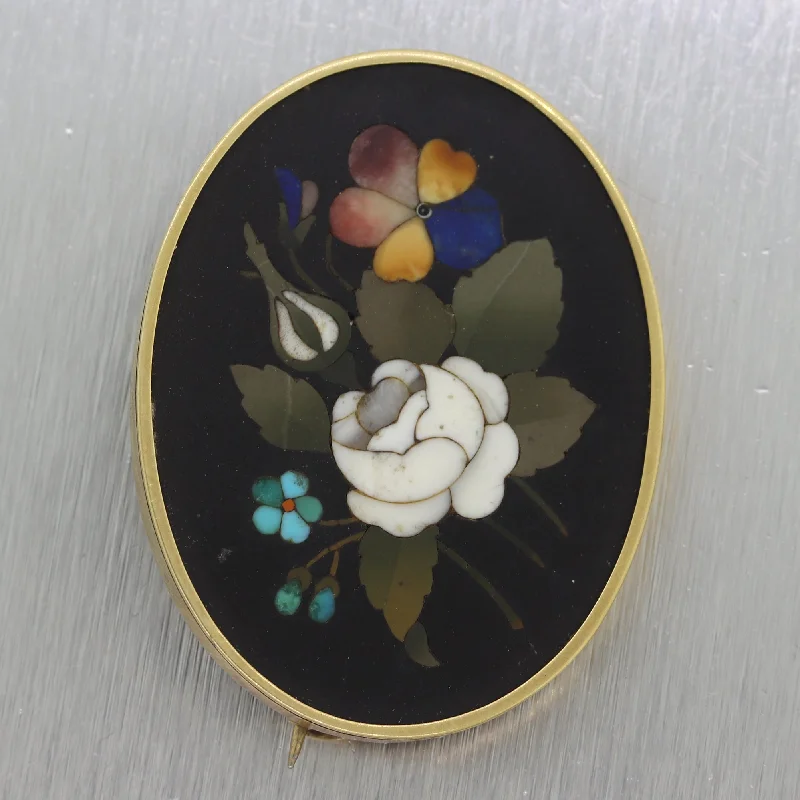 Antique Vintage Estate 14k Yellow Gold Pietra Dura Brooch Pin